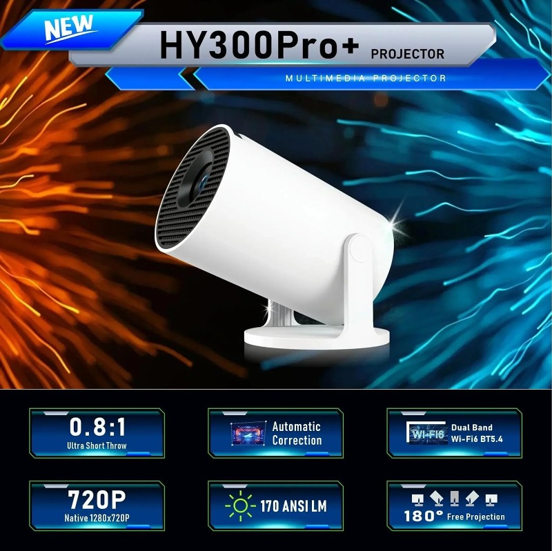 HY300 + Smart 4K Portable Projector with WiFi 6, Bluetooth 5.4, Android 14, Auto Keystone, 130 Inch Display,180 Degree Rotation, for iOS/Android,Gaming & Home Cinema