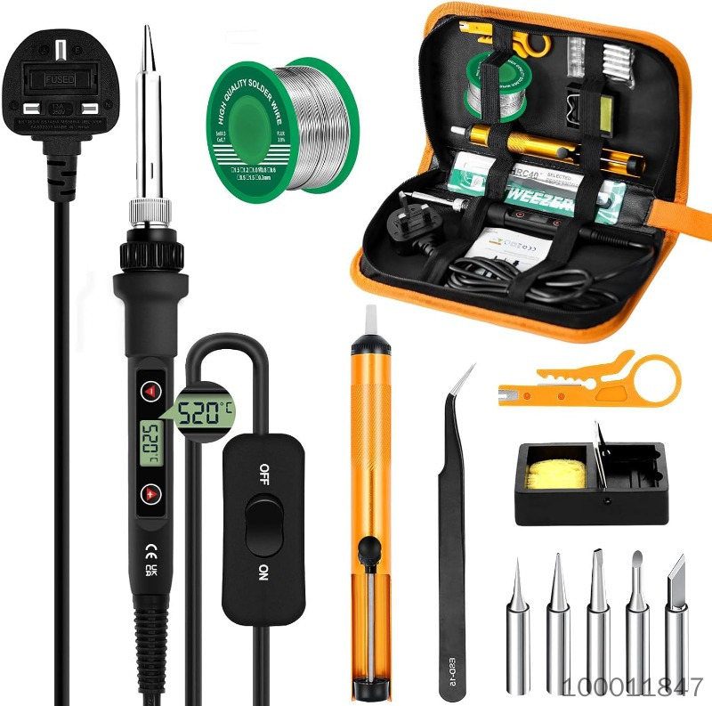 Soldering Iron Kit 80W LCD Adjustable Temperature 180-520°C, 15 in 1 Electric Soldering Iron Kit Welding Tool, Solder Wire, 5 Soldering Tips, Desoldering Pump, Wire Stripper Cutter, Stand, Tweezer