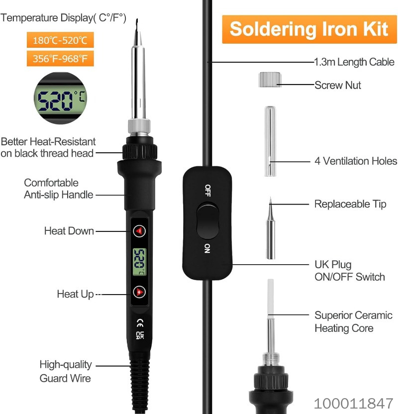 Soldering Iron Kit 80W LCD Adjustable Temperature 180-520°C, 15 in 1 Electric Soldering Iron Kit Welding Tool, Solder Wire, 5 Soldering Tips, Desoldering Pump, Wire Stripper Cutter, Stand, Tweezer