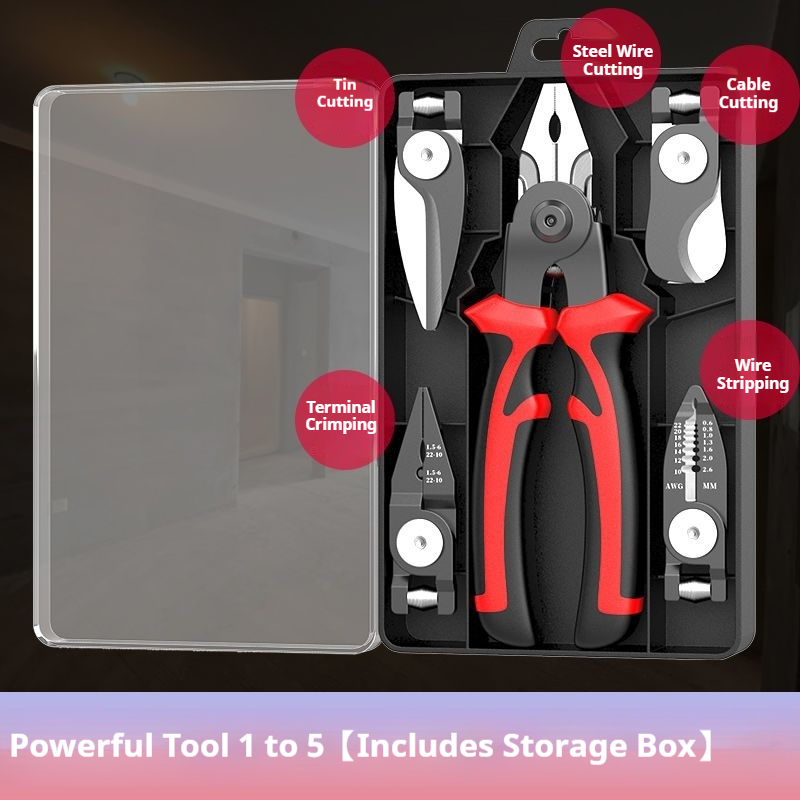Five in one interchangeable multi-functional pliers set for household electricians, steel wire pliers, wire stripping pliers, wire pressing pliers, iron sheet scissors, cable cutters