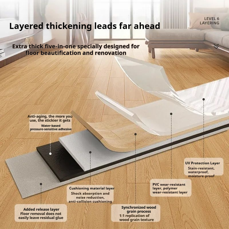 Thickened waterproof and wear-resistant one tear adhesive flame retardant household self-adhesive wood grain floor tile PVC floor leather 5-piece stone plastic waterproof anti slip floor mat