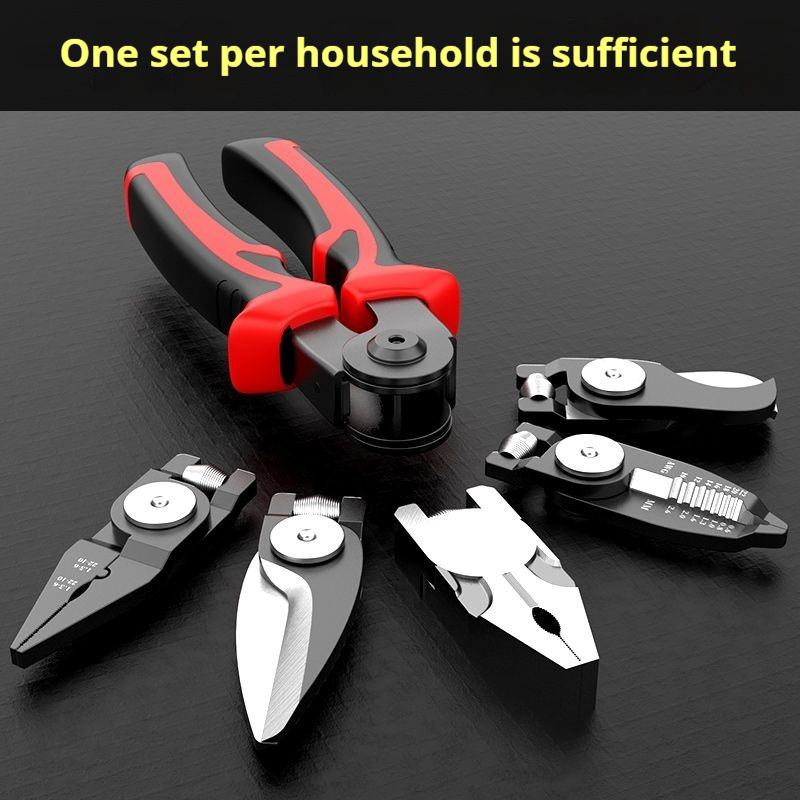 Five in one interchangeable multi-functional pliers set for household electricians, steel wire pliers, wire stripping pliers, wire pressing pliers, iron sheet scissors, cable cutters