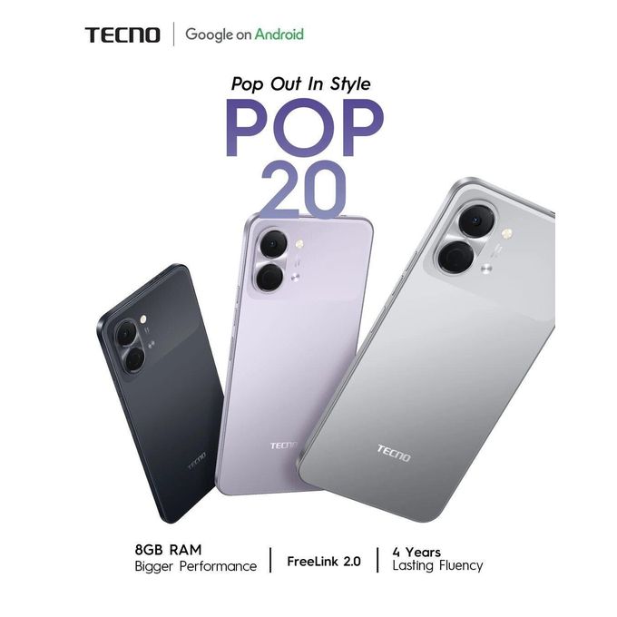 TECNO POP 20 64GB + 8(4+4)GB 4G Network 6.75" 120Hz Hole Screen Dual Speakers IP64 Waterproof 13MP 5000mAh 15W Type-C Android 15 Dual SIM Phone Side Fingerprint Unlock phones