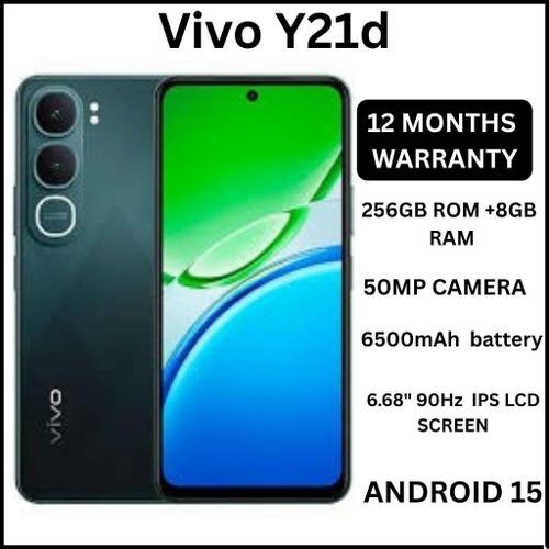 Vivo Y21d 6.68" screen display 8GB RAM + 256GB ROM 50MP MAIN CAMERA 6500mAh battery capacity 5-Year Health Battery, IP69+ Waterproof, 45W Flash Charge, 90Hz refresh rate ANDROID 15 PHONE