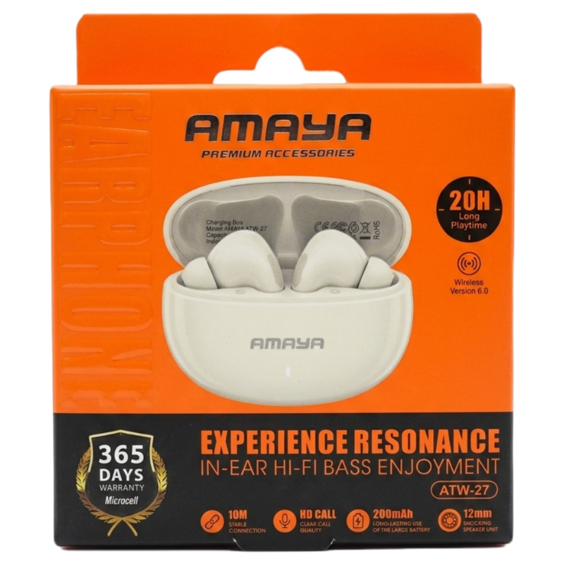 Amaya ATW-27 Wireless Earbuds Bluetooth 6.0 In-Ear Earphones with 12mm Hi-Fi Bass Speaker Unit for Smartphones & Tablets, 20-Hour Playtime HD Call Earpods, 365 Days Warranty, Fast Charging Type-C Port