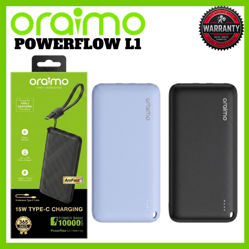 Oraimo 10000mAh Slim Power Bank 15W Fast Charging Portable External Battery for Smartphones Smart Phones Laptops Tablets Accessories Triple Output Type-C Fast Charge Pocket Friendly PowerBank