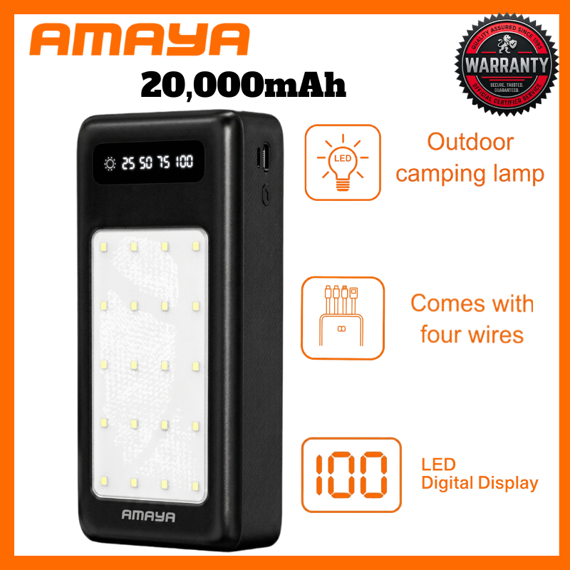 AMAYA 20,000mAh Powerbank with Multi-Cable Design & Smart LED Percentage Indicator, Heavy-Duty Power Bank for Android and iOS Smartphones, Built-in LED Camping Lantern for Emergency Lighting