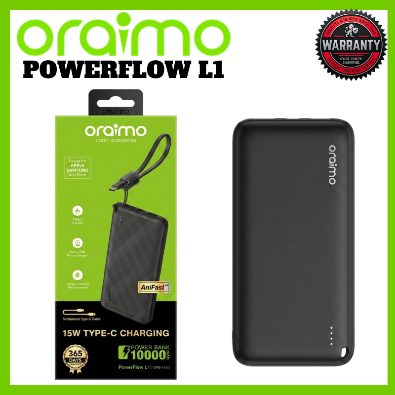 Oraimo 10000mAh Slim Power Bank 15W Fast Charging Portable External Battery for Smartphones Smart Phones Laptops Tablets Accessories Triple Output Type-C Fast Charge Pocket Friendly PowerBank
