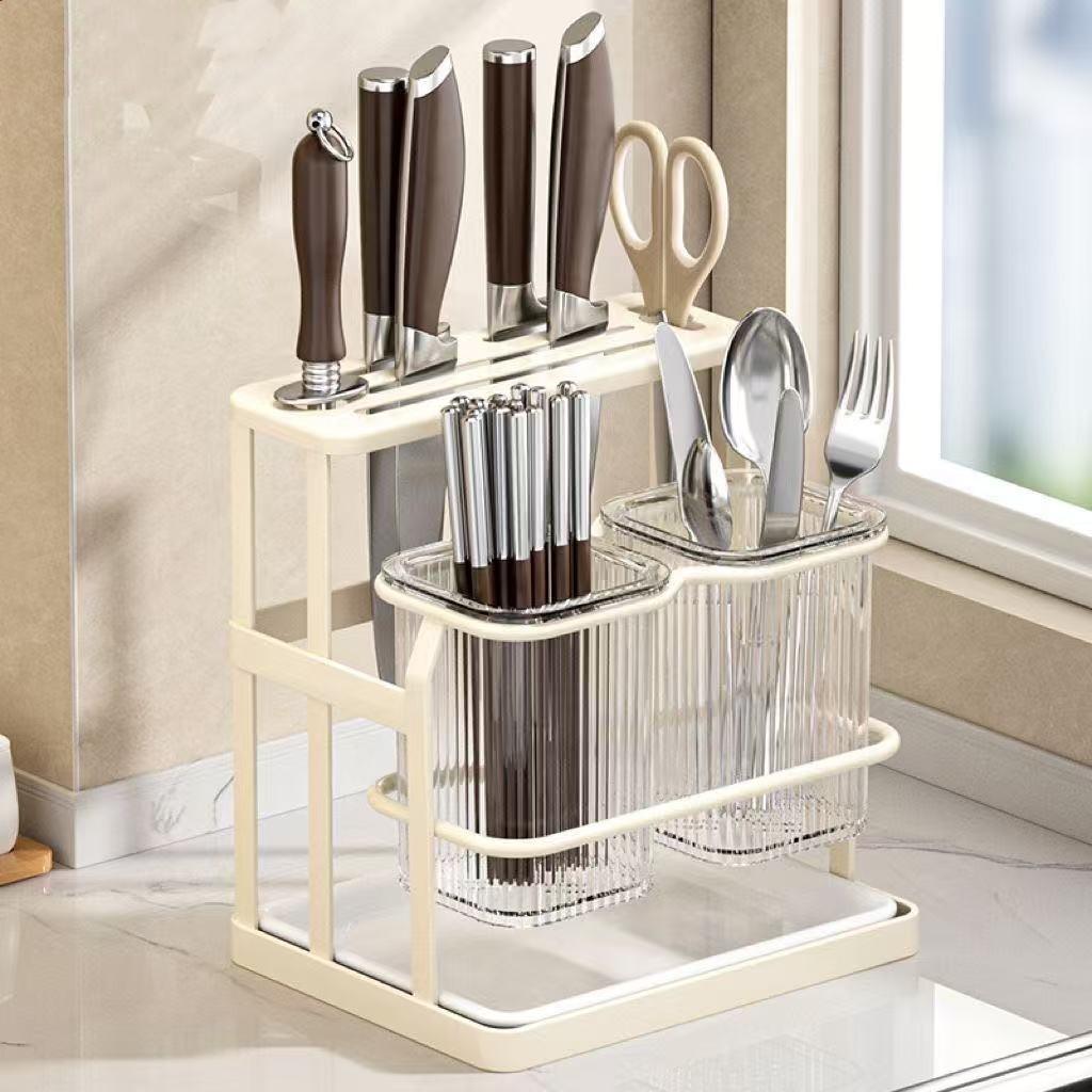 Kitchen Knife and Spoons Holder with Stickers – Wall & Counter Organiser- White Color