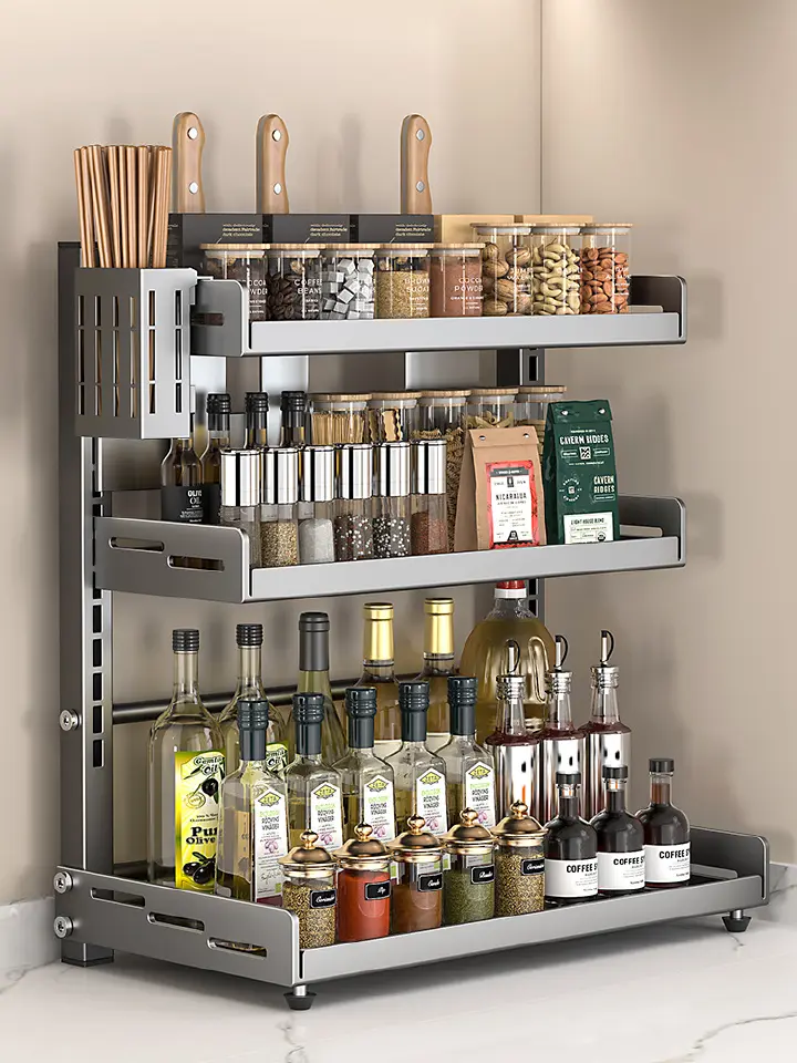 3 Tier Adjustable Metal Spice Rack Organizer – Expandable Kitchen Seasoning Storage Shelf for Cabinet or Countertop, Space-Saving Spice & Jar Rack