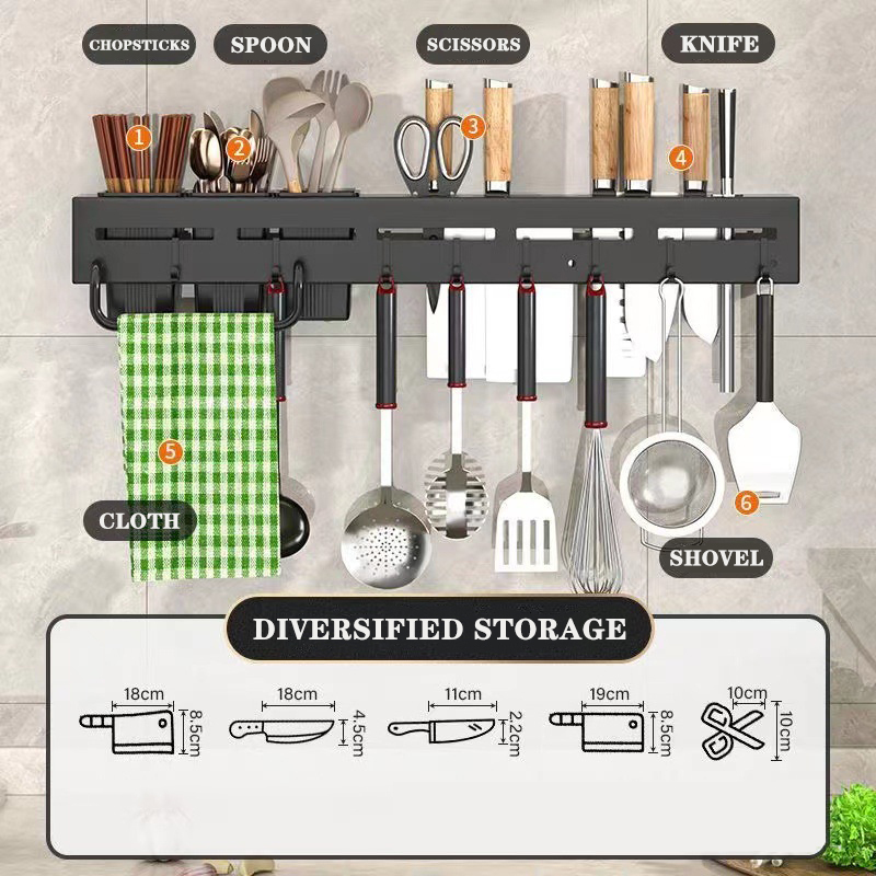 60CM Wall Mounted Spice Rack Kitchen Shelf – Multifunction Storage Organizer with Hooks, Knife Holder & Utensil Rack, Space-Saving Wall Storage