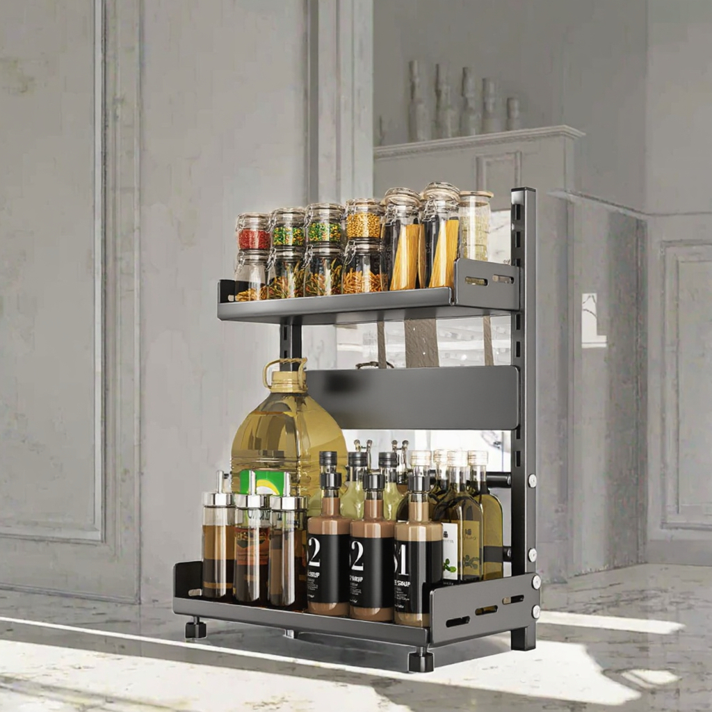 2 Tier Adjustable Metal Spice Rack Organizer – Expandable Kitchen Seasoning Storage Shelf for Cabinet or Countertop, Space-Saving Spice & Jar Rack