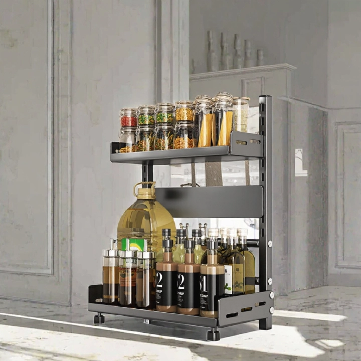 2 Tier Adjustable Metal Spice Rack Organizer – Expandable Kitchen Seasoning Storage Shelf for Cabinet or Countertop, Space-Saving Spice & Jar Rack