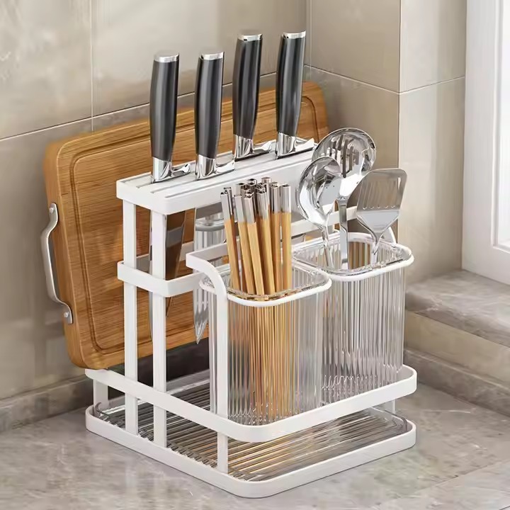 Kitchen Knife and Spoons Holder with Stickers – Wall & Counter Organiser- White Color