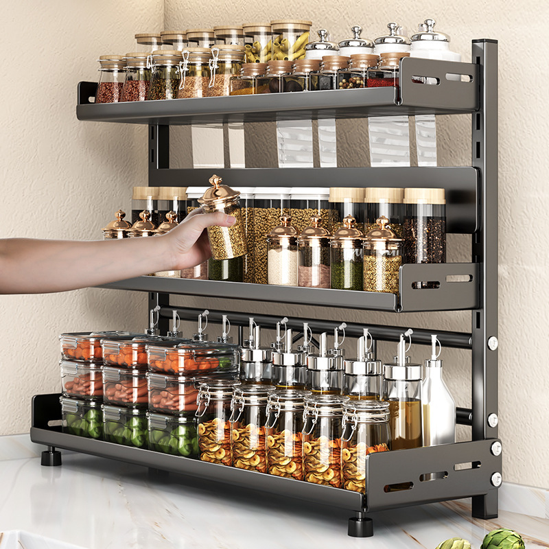 3 Tier Adjustable Metal Spice Rack Organizer – Expandable Kitchen Seasoning Storage Shelf for Cabinet or Countertop, Space-Saving Spice & Jar Rack