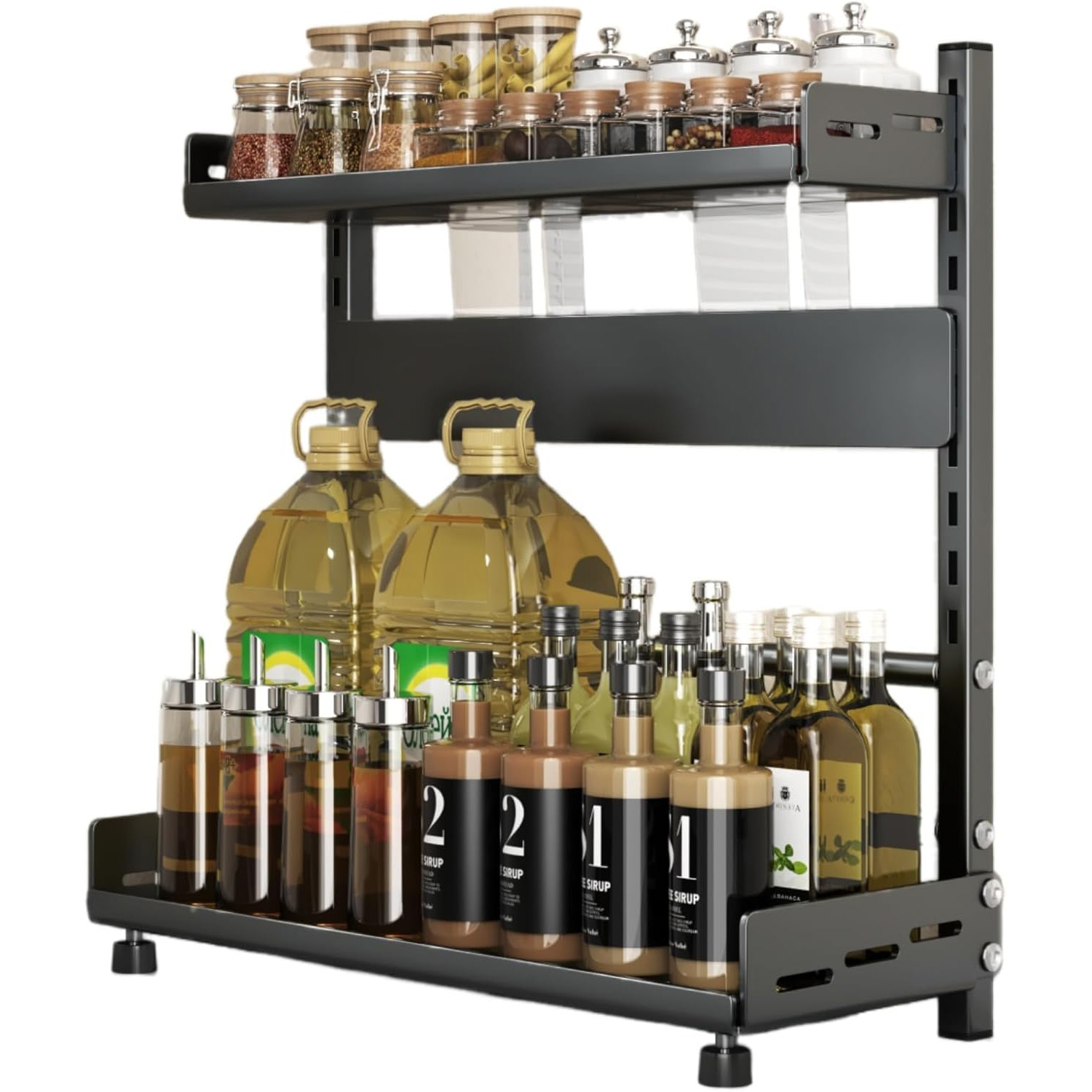 2 Tier Adjustable Metal Spice Rack Organizer – Expandable Kitchen Seasoning Storage Shelf for Cabinet or Countertop, Space-Saving Spice & Jar Rack