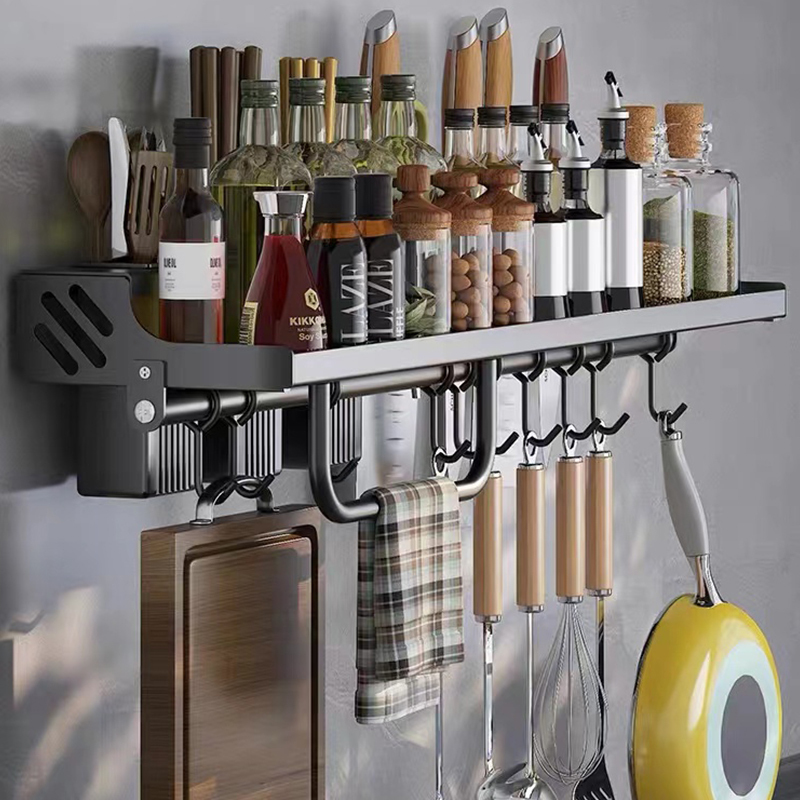 60CM Wall Mounted Spice Rack Kitchen Shelf – Multifunction Storage Organizer with Hooks, Knife Holder & Utensil Rack, Space-Saving Wall Storage