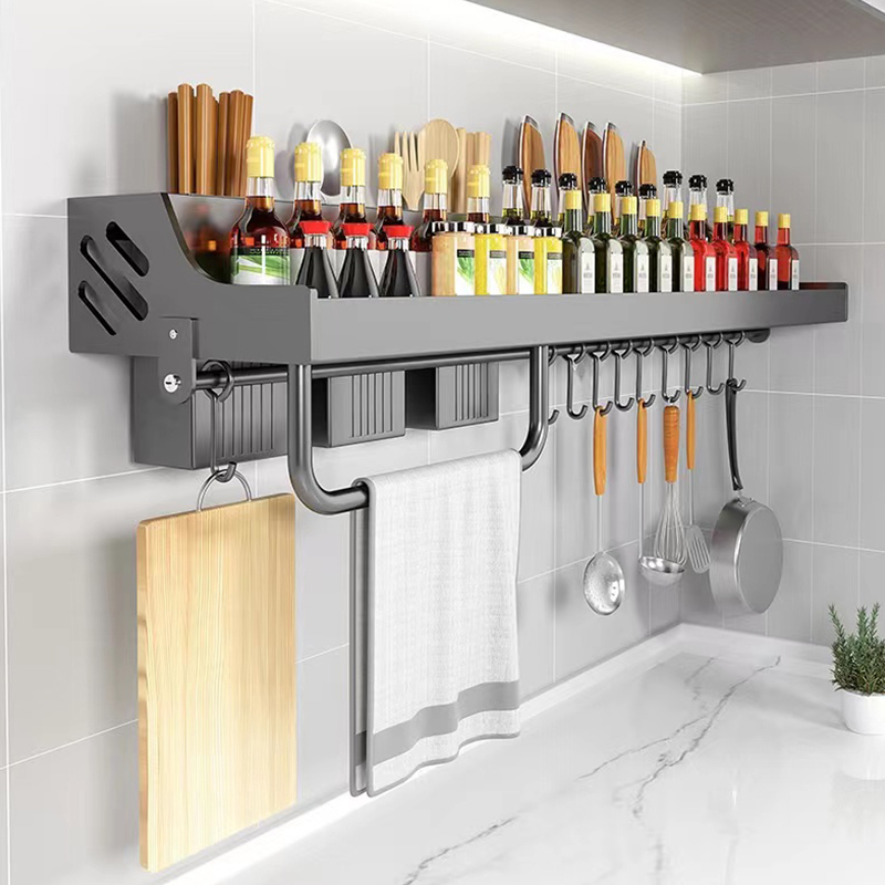 60CM Wall Mounted Spice Rack Kitchen Shelf – Multifunction Storage Organizer with Hooks, Knife Holder & Utensil Rack, Space-Saving Wall Storage