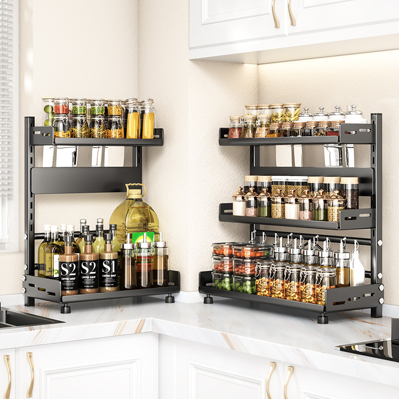 3 Tier Adjustable Metal Spice Rack Organizer – Expandable Kitchen Seasoning Storage Shelf for Cabinet or Countertop, Space-Saving Spice & Jar Rack