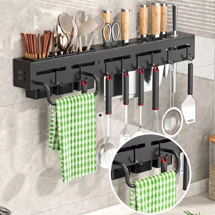 60CM Wall Mounted Spice Rack Kitchen Shelf – Multifunction Storage Organizer with Hooks, Knife Holder & Utensil Rack, Space-Saving Wall Storage