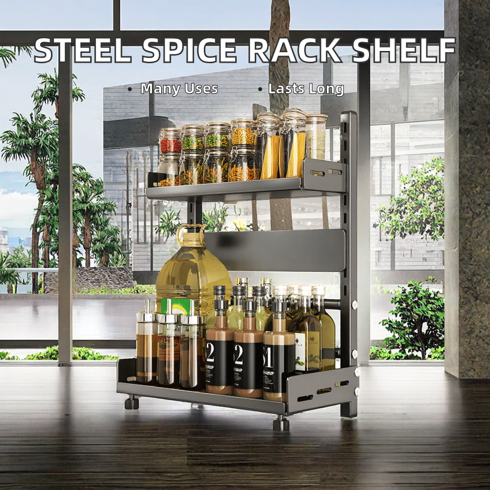 2 Tier Adjustable Metal Spice Rack Organizer – Expandable Kitchen Seasoning Storage Shelf for Cabinet or Countertop, Space-Saving Spice & Jar Rack