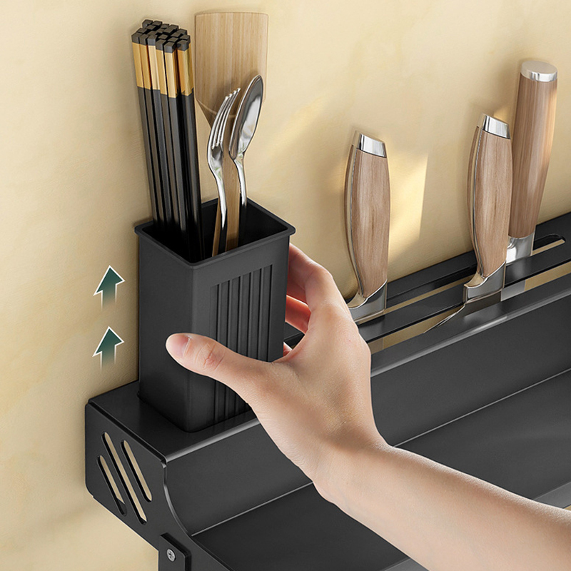 60CM Wall Mounted Spice Rack Kitchen Shelf – Multifunction Storage Organizer with Hooks, Knife Holder & Utensil Rack, Space-Saving Wall Storage