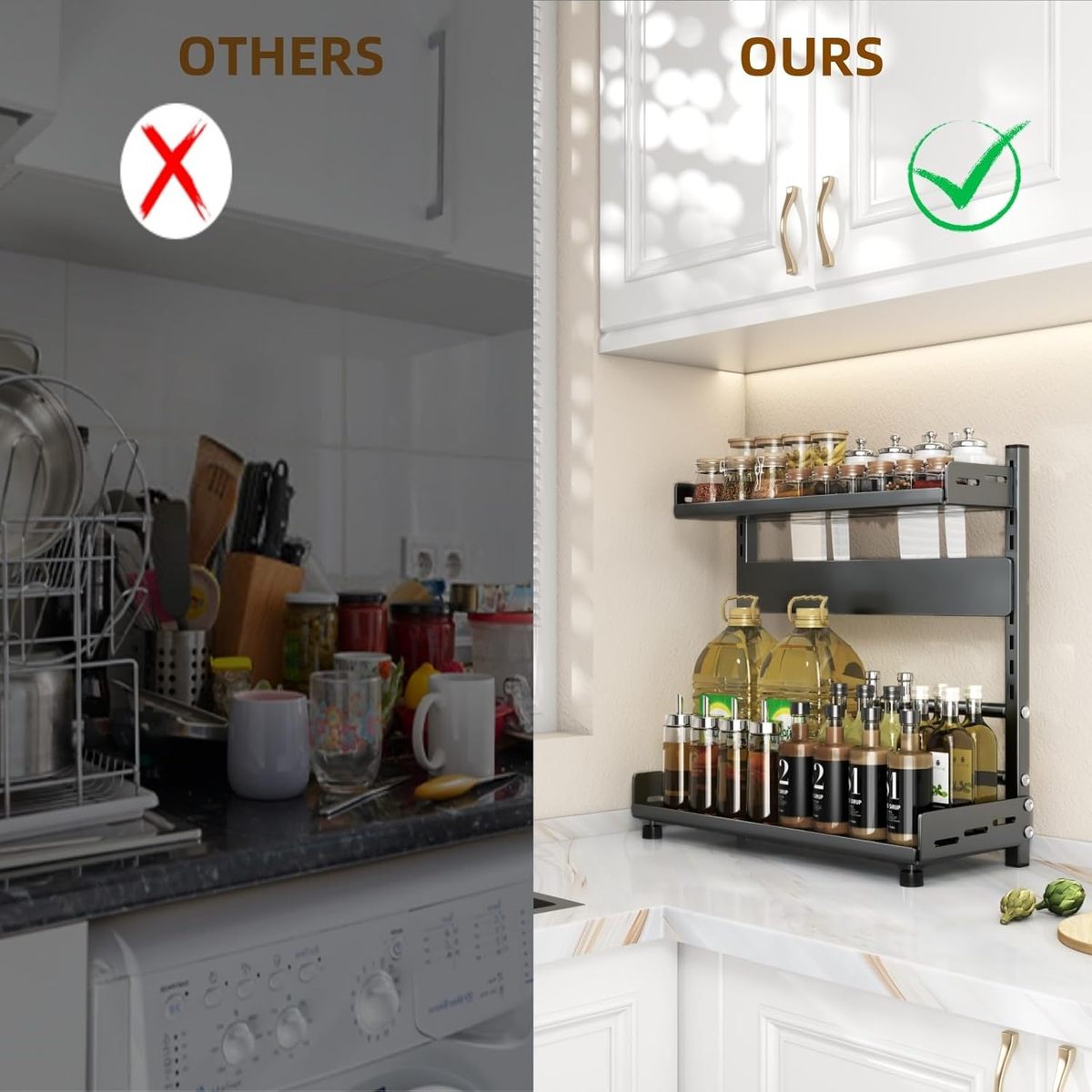2 Tier Adjustable Metal Spice Rack Organizer – Expandable Kitchen Seasoning Storage Shelf for Cabinet or Countertop, Space-Saving Spice & Jar Rack