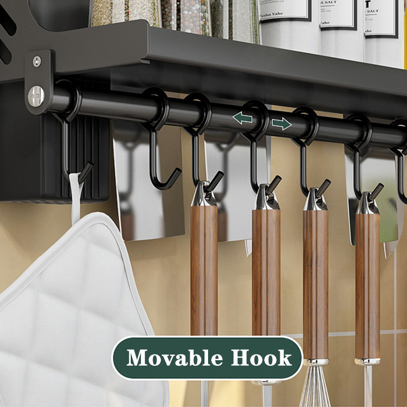 60CM Wall Mounted Spice Rack Kitchen Shelf – Multifunction Storage Organizer with Hooks, Knife Holder & Utensil Rack, Space-Saving Wall Storage