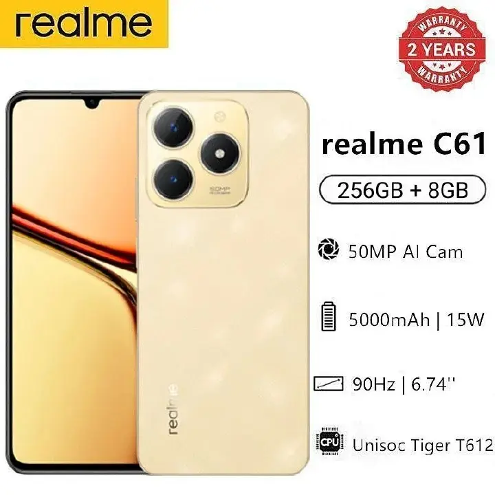 NEW ARRIVIALS!! BRAND NEW Realme C61 256GB+8GB 90Hz 6.74'' 50MP 7.84mm Thickness 5000mAh IP54 Waterproof Android 14 Type-C Dual Sim Smart Phones Face and Fingerprint Unlock phone. BATTERY LASTS UPTO 5