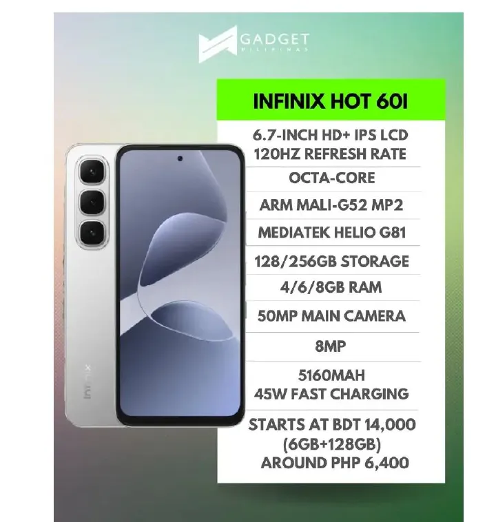 [New Arrival] Infinix Hot 60i 128GB+6GB 6.7" IPS LCD 120Hz Display 50MP Camera 5160mAh Battery 45W Fast Charging IP64 Dust/Water Resistant Dual SIM MTK Helio G81 Ultimate Bypass Charging AI