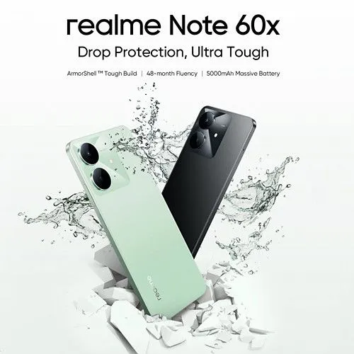 Realme Note 60x 6.74" IPS LCD Display, 4GB RAM+64GB ROM, 5000mAh, Android 14, 8MP Rear & 5MP Front Camera, Dual SIM, Fingerprint (side-mounted) Smartphones-1 year warranty