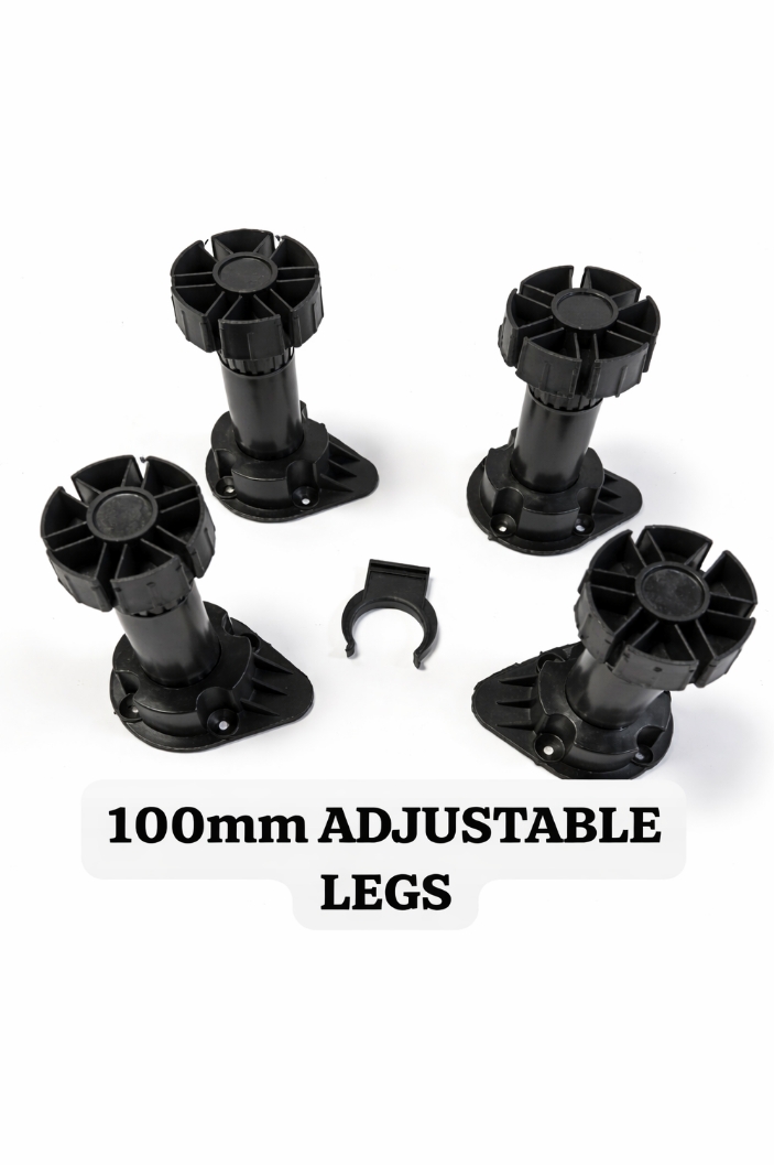 Pack of 4 Adjustable Kitchen Cabinet Legs 100mm - Black Plastic Furniture Feet with Plinth Clips | Heavy Duty Cupboard Leveling Legs for Kitchen & Bathroom Units | Height Adjustable Plinth Leg Set