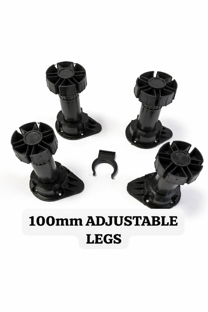 Pack of 4 Adjustable Kitchen Cabinet Legs 100mm - Black Plastic Furniture Feet with Plinth Clips | Heavy Duty Cupboard Leveling Legs for Kitchen & Bathroom Units | Height Adjustable Plinth Leg Set