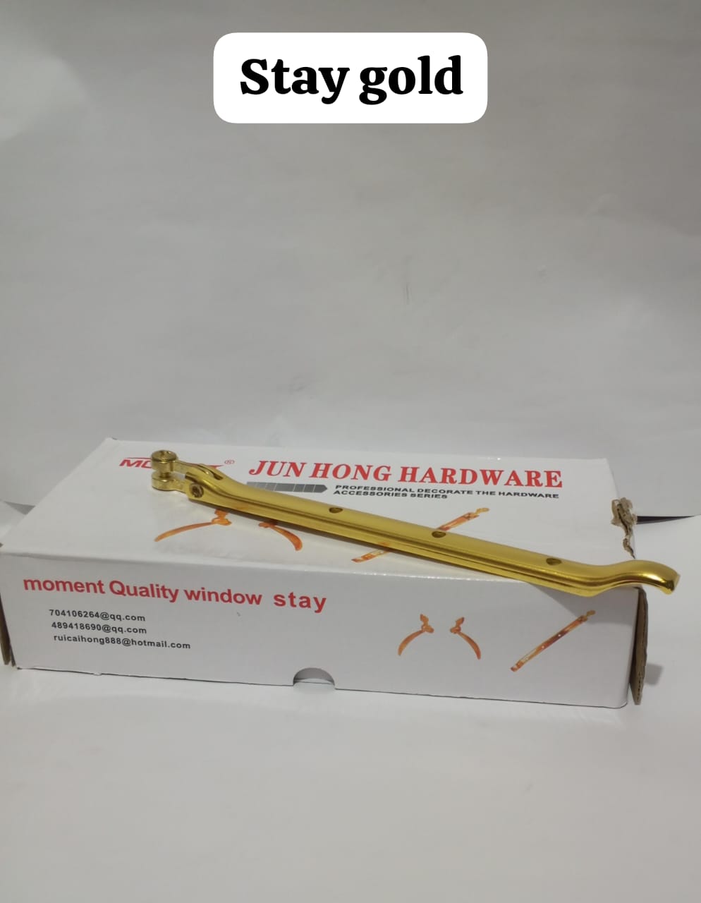 Jun Hong Heavy Duty Gold Window Stay – 12 Inch Brass Plated Casement Window Latch & Holder – Professional Decorate Series Hardware for Home & Office Security – Rust Resistant Window Positioner Rail.