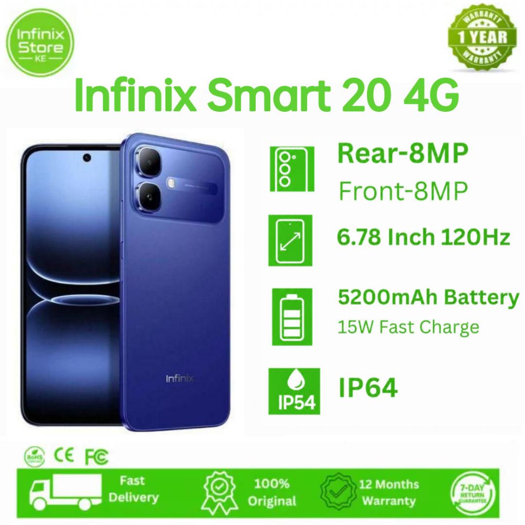 [NEW ARRIVAL] Infinix Smart 20 128GB ROM + 8GB RAM (4+4GB) 6.78" IPS LCD 120Hz  Refresh rate Display Dual SIM 8MP Camera 5200mAh Battery 15W Fingerprint Unlock IP64 Rated Android 16.