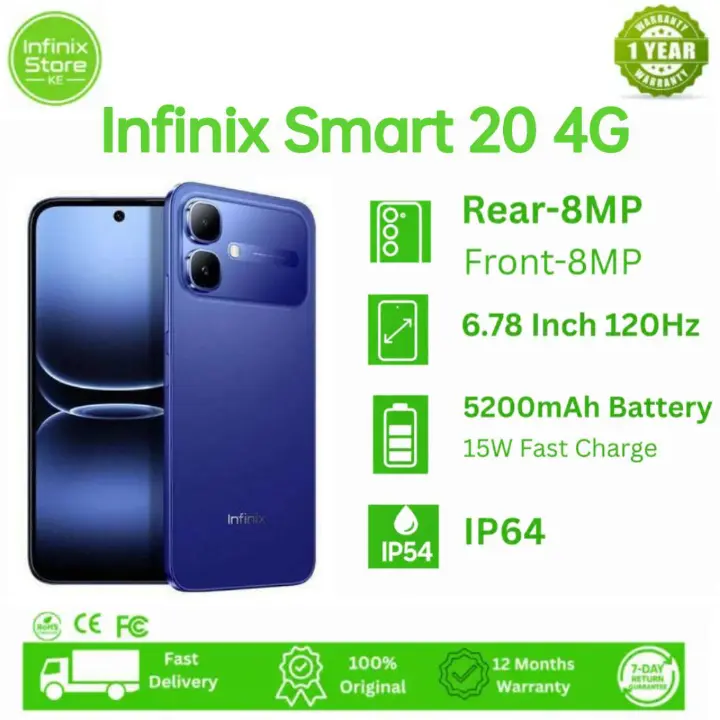 [NEW ARRIVAL] Infinix Smart 20 128GB ROM + 8GB RAM (4+4GB) 6.78" IPS LCD 120Hz  Refresh rate Display Dual SIM 8MP Camera 5200mAh Battery 15W Fingerprint Unlock IP64 Rated Android 16.
