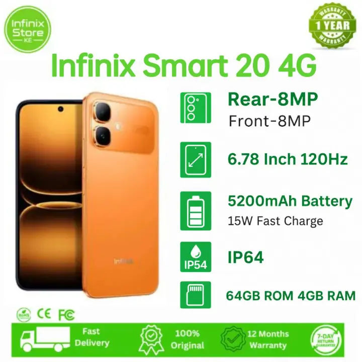 [NEW ARRIVAL] Infinix Smart 20 64GB ROM + 8GB RAM (4+4GB) 6.78" IPS LCD 120Hz  Refresh rate Display Dual SIM 8MP Camera 5200mAh Battery 15W Fingerprint Unlock IP64 Rated Android 16.