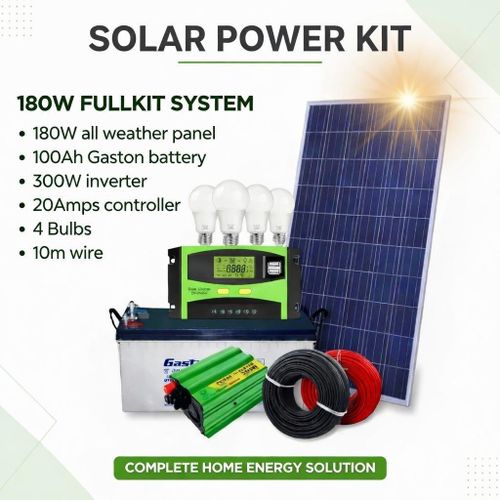 Solarmax Solar Fullkit 180w Solar Panel + 100AH Battery + 300w Inverter + 10 Amp Controller + 4 Bulbs.