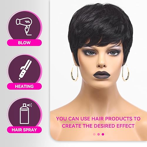 Elegant semi human hair heat friendly pixie wig bkack