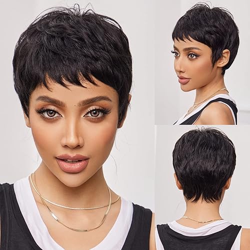 Elegant semi human hair heat friendly pixie wig bkack