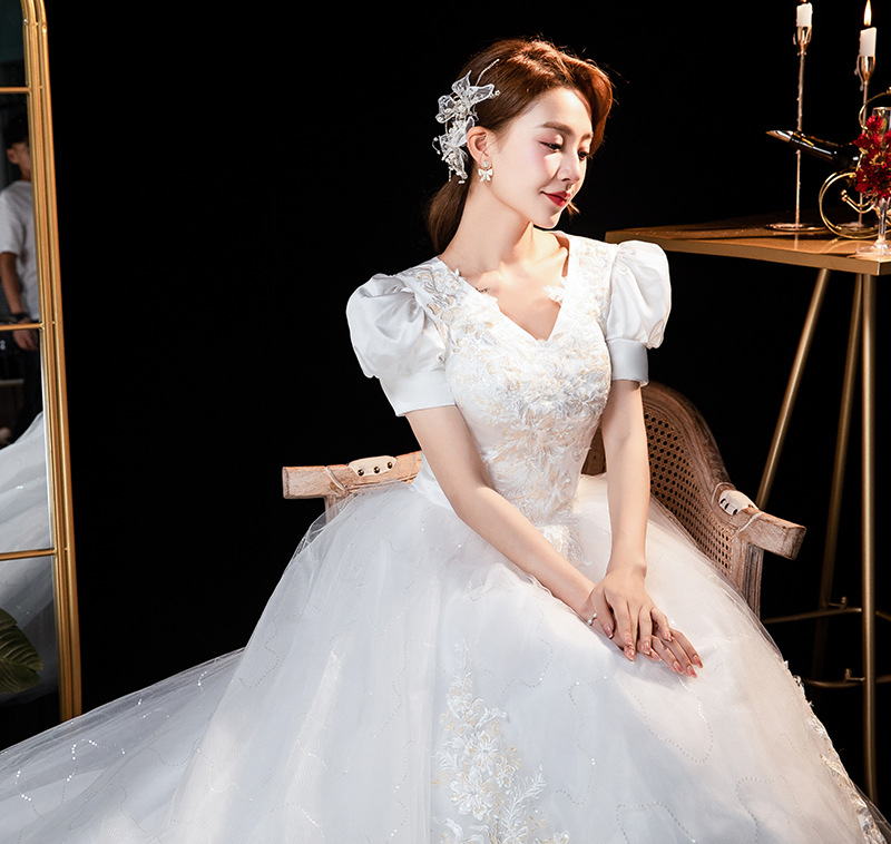 Main wedding dress, new style, starry sky, tail, one shoulder, light forest style, small bride