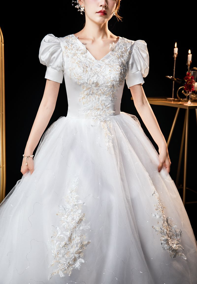 Main wedding dress, new style, starry sky, tail, one shoulder, light forest style, small bride
