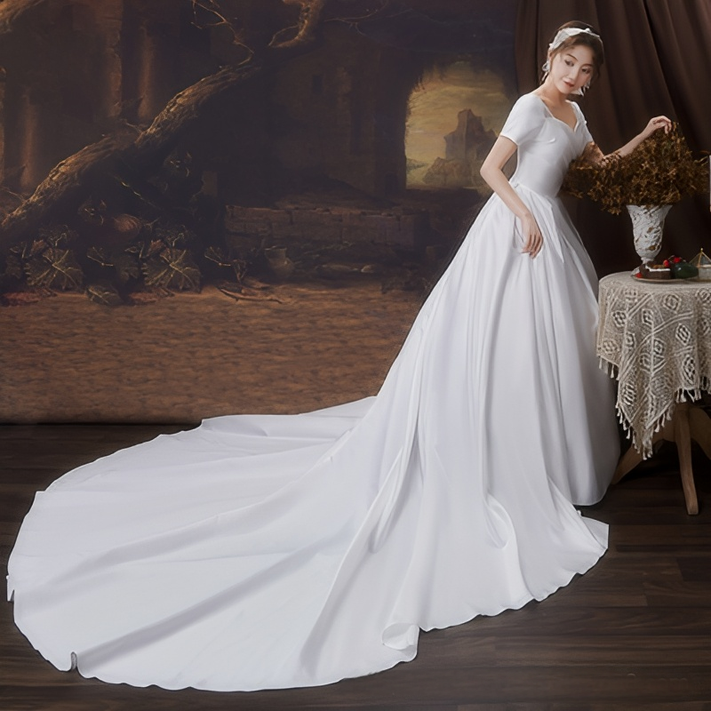 New wedding dress trailing bride one-shoulder satin wedding dress evening dress temperament French simplicity