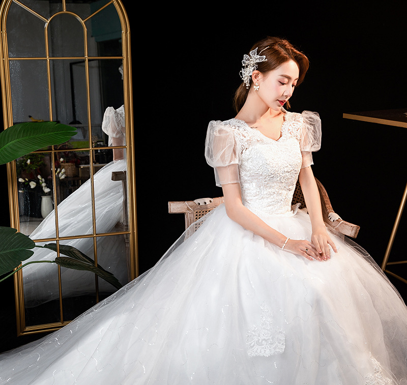 Light wedding dress new bride starry sky tail one shoulder simple princess petite