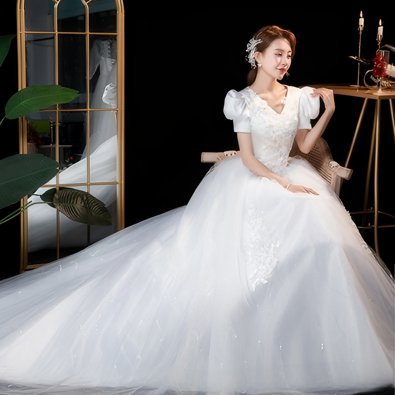 Main wedding dress, new style, starry sky, tail, one shoulder, light forest style, small bride