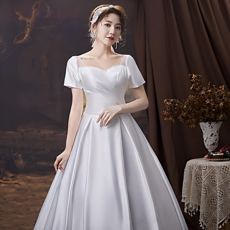 New wedding dress trailing bride one-shoulder satin wedding dress evening dress temperament French simplicity