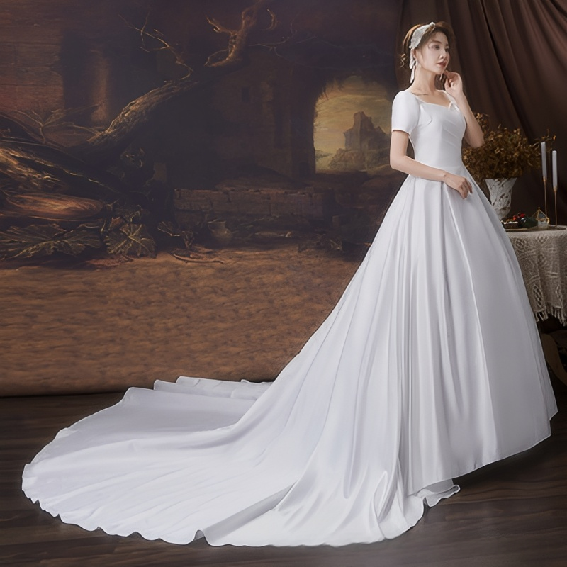 New wedding dress trailing bride one-shoulder satin wedding dress evening dress temperament French simplicity