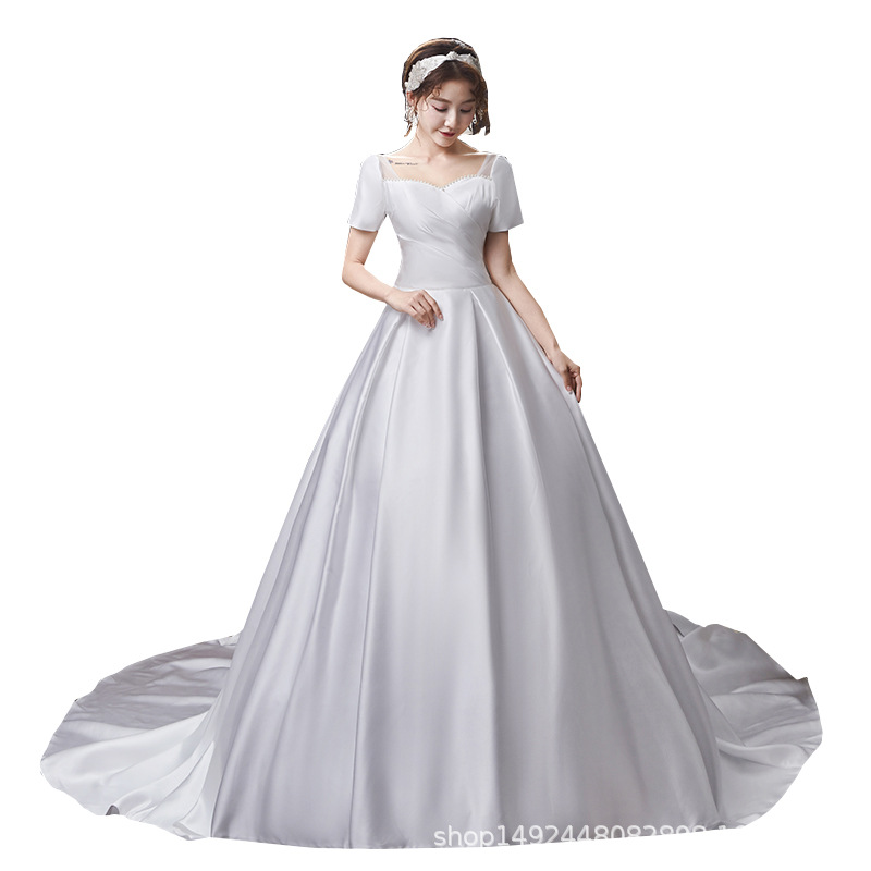 New wedding dress trailing bride one-shoulder satin wedding dress evening dress temperament French simplicity