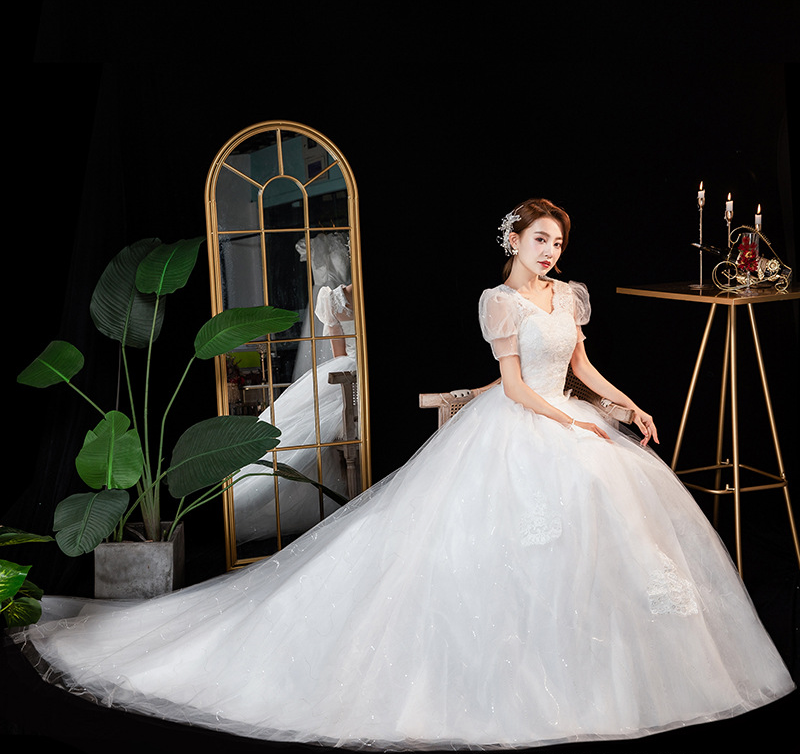 Light wedding dress new bride starry sky tail one shoulder simple princess petite