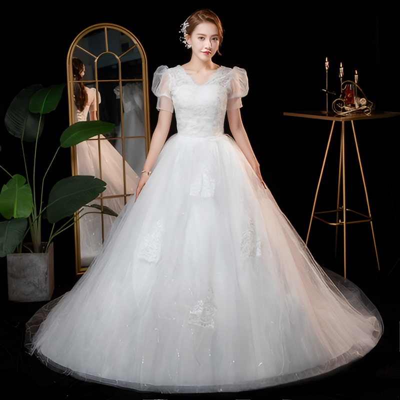 Light wedding dress new bride starry sky tail one shoulder simple princess petite